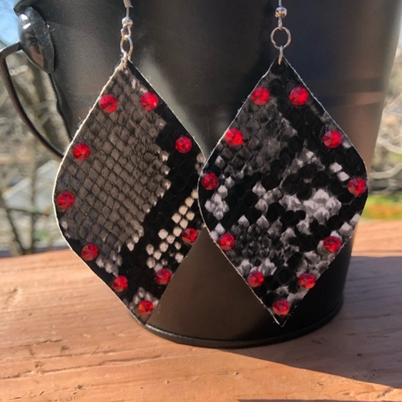 Jewelry - Snakeskin Rhinestone Leather Earrings
